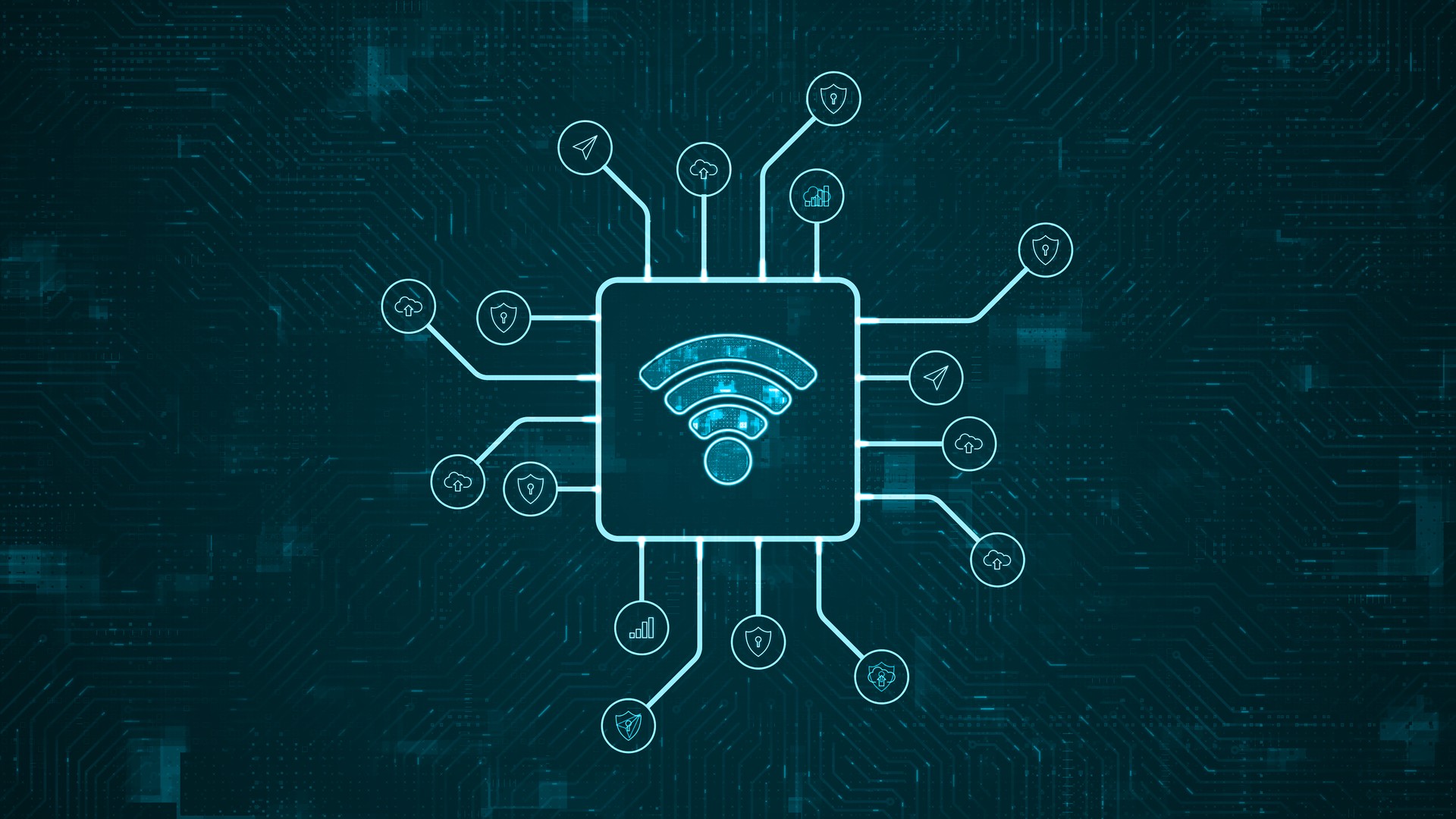 Blue digital WIFI logo and futuristic HUD technology circuit board with tech icon and data transfer on abstract background with data transfer and Wireless Fidelity connection concept
