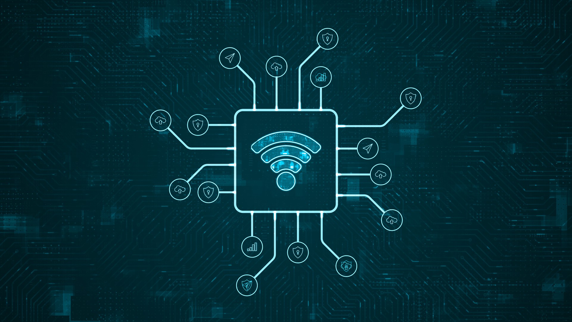 Blue digital WIFI logo and futuristic HUD technology circuit board with tech icon and data transfer on abstract background with data transfer and Wireless Fidelity connection concept